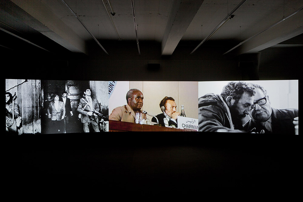Naeem Mohaiemen, Two Meetings and a Funeral, 2017, three-channel installation, Hessisches. Landesmuseum, Kassel, documenta 14. Photo: Michael Nast