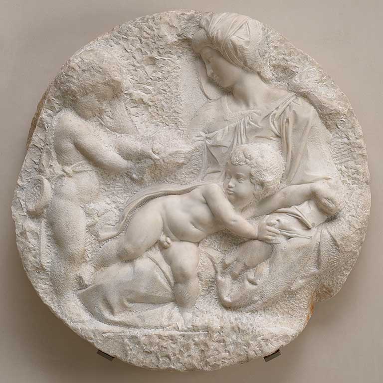 Michelangelo Buonarroti, The Virgin and Child with the Infant St John, c.1504-05 Marble relief, 107 x 107 x 22 cm Royal Academy of Arts, London. Bequeathed by Sir George Beaumont, 1830  © Royal Academy of Arts, London; Photographer: Prudence Cuming Associates Limited