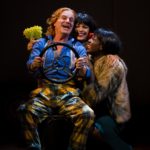 Melchoir (Paul Hunter), Showgirl Dora (Melissa James) and Showgirl Nora (Omari Douglas) in Wise Children at The Old Vic. Photo by Steve Tanner