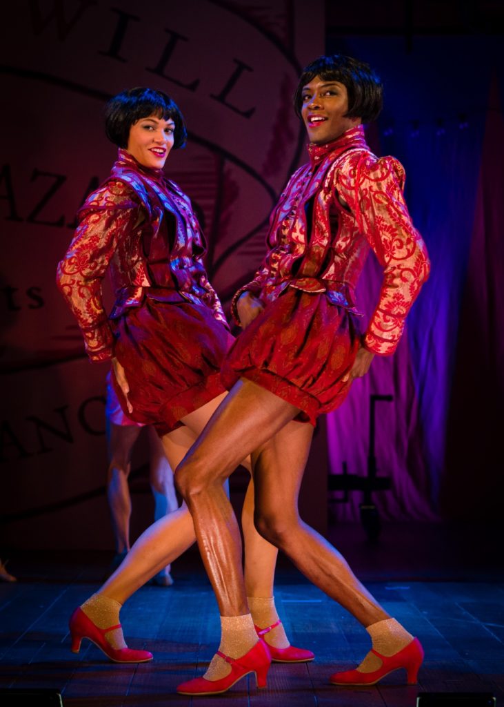 Showgirl Dora (Melissa James) and Showgirl Nora (Omari Douglas) in Wise Children at The Old Vic. Photo by Steve Tanner