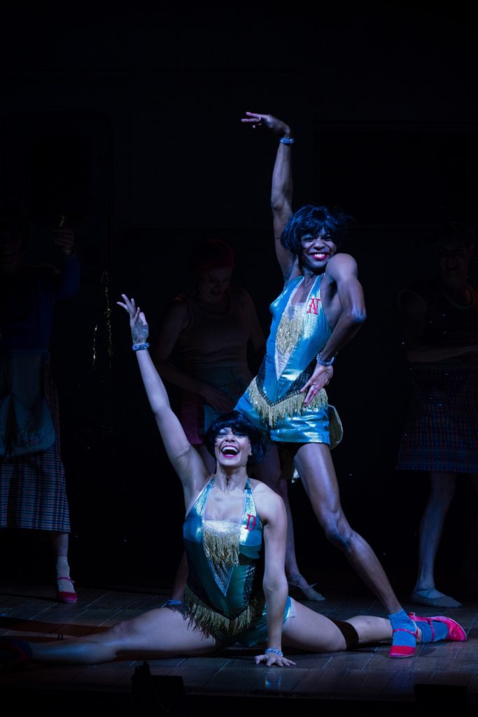 Showgirl Dora (Melissa James) and Showgirl Nora (Omari Douglas) in Wise Children at The Old Vic. Photo by Steve Tanner