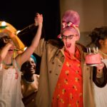 Young Dora (Bettrys Jones), Grandma Chance (Katy Owen) and Young Nora (Mirabelle Gremaud) in Wise Children at The Old Vic. Photo by Steve Tanner