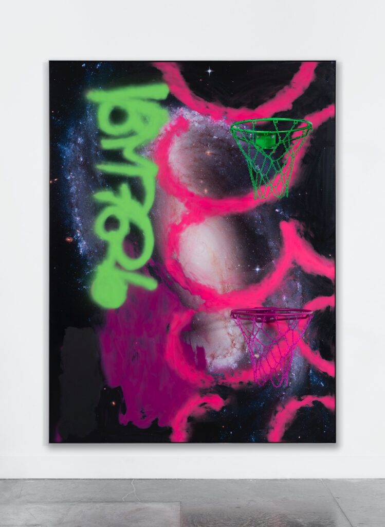 Awol Erizku, No Hesi, 2022, spray paint, regulation size basketball hoops and metal chains on printed aluminium, 243.8 x 182.9 cm; (96 x 72 in.)